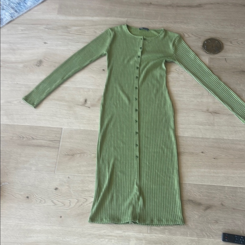 Zara Green Ribbed Buttoned Sheath Dress